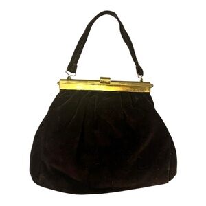 Vintage 1940s‎ Brown Velvet Gold Gold Kiss Clasp Handbag